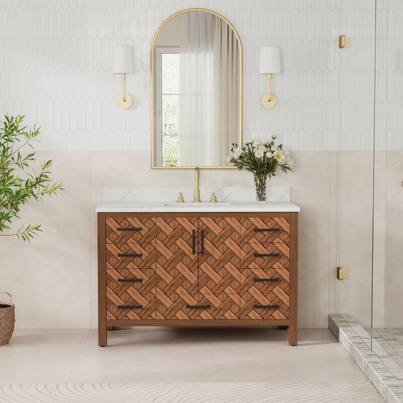 48" Freestanding Bathroom Vanity with Engineered Stone Top, Ceramic Sink, Built-In Power Outlet, and Hair Dryer Storage