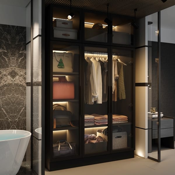 47.2" Wide Armoire LED Light All Glass Door Closet Cabinet Wardrobe