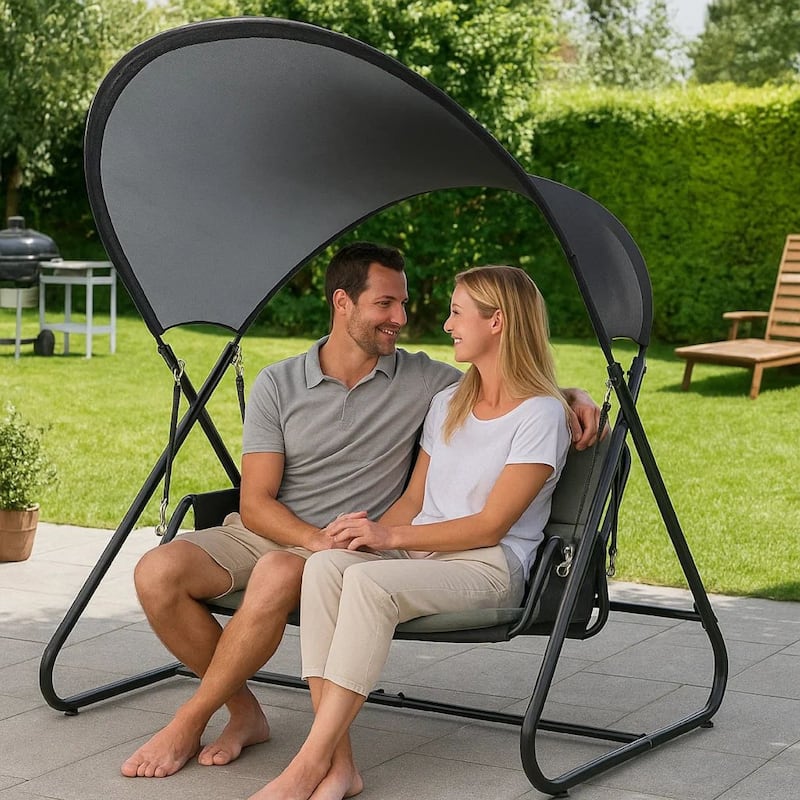 66 Inch Outdoor Swing Chair, Double Hanging, Sturdy Steel Frame, Black