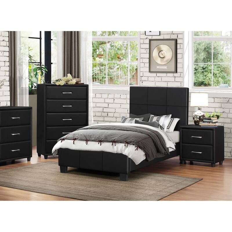 Contemporary Black Faux Leather Nightstand, Drawers, Silver Tone Bar Pulls