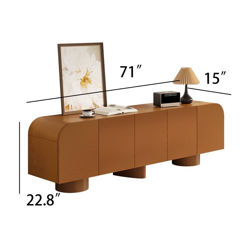 71" Mid Century TV Stands, Solid Wood Veneer, Fully Assembled Media Console, 4 Cabinets