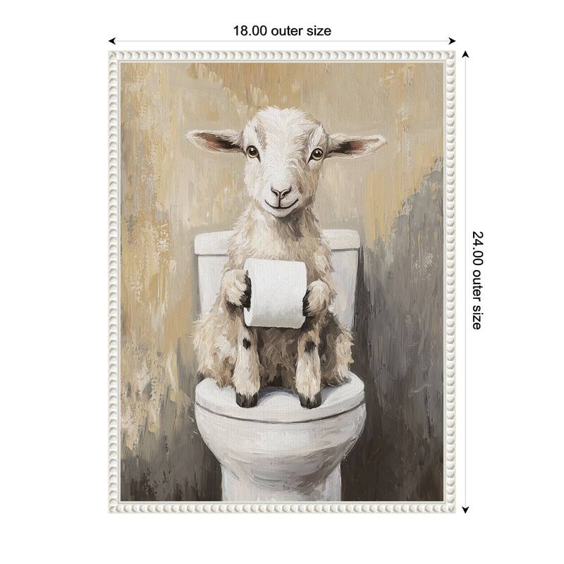 Kate and Laurel Sylvie Goat Holding Toilet Paper Roll Toilet Bathroom Art Framed Canvas by The Creative Bunch Studio