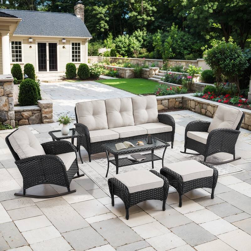 Patio Outdoor Sofa & Rocking Chair & Ottomans & Table - Black - Beige