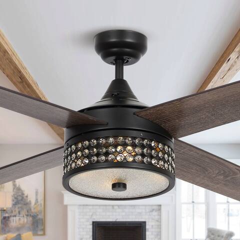 52" Matte Black Wood 4-Blade Crystal Ceiling Fan with Remote