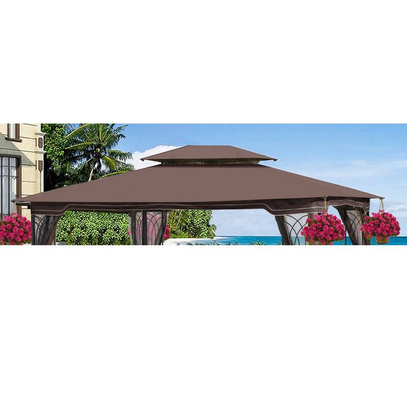 13x10 Ft Patio Double Roof Gazebo Replacement Canopy Top Fabric, Brown - Brown