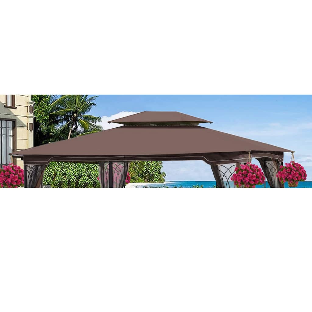 13x10 Ft Patio Double Roof Gazebo Replacement Canopy Top Fabric, Brown