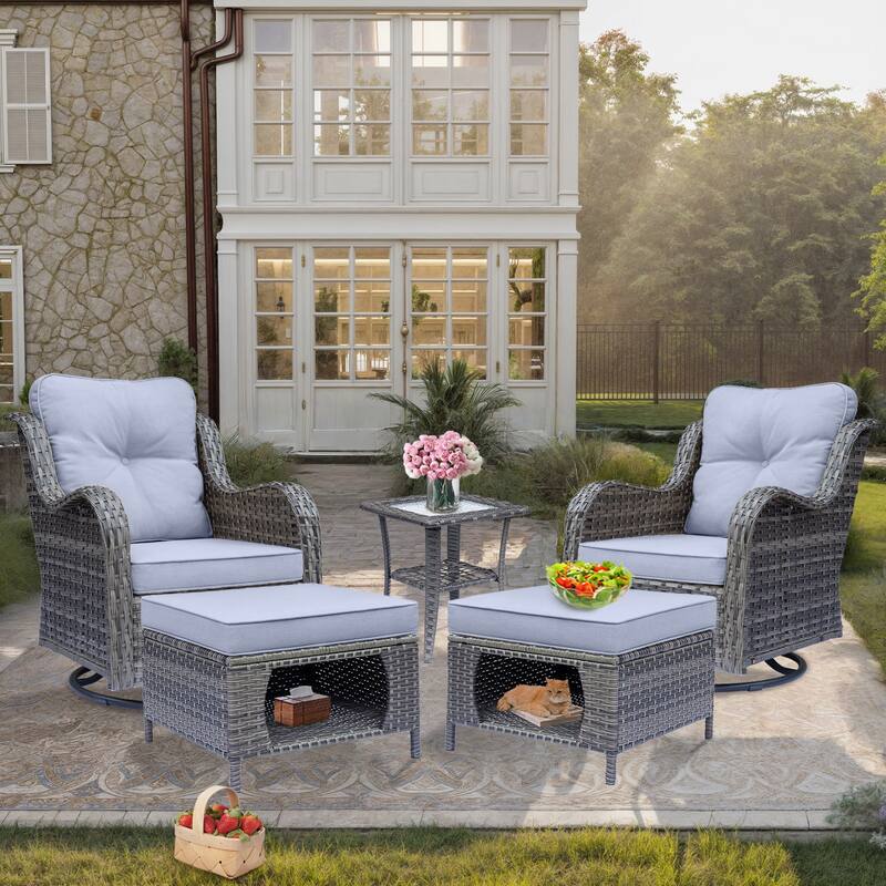 5 Piece Outdoor Wicker Patio Swivel Chair with Ottoman Conversation Set