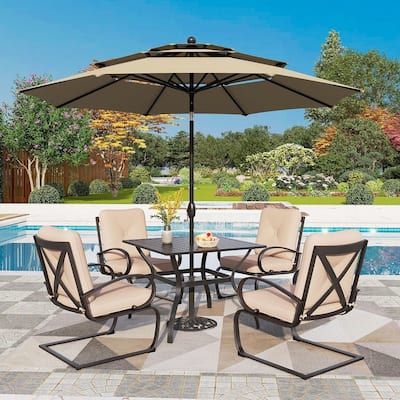 5-Piece Patio Dining Set, 4 Metal Spring Motion Dining Chairs and 1 Square Table with 1.57" Umbrella Hole