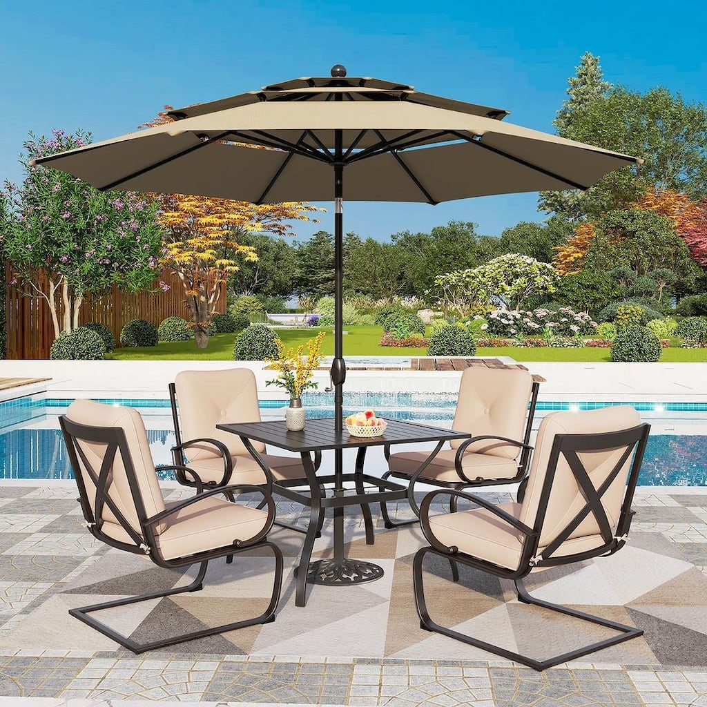 5-Piece Patio Dining Set, 4 Metal Spring Motion Dining Chairs and 1 Square Table with 1.57" Umbrella Hole
