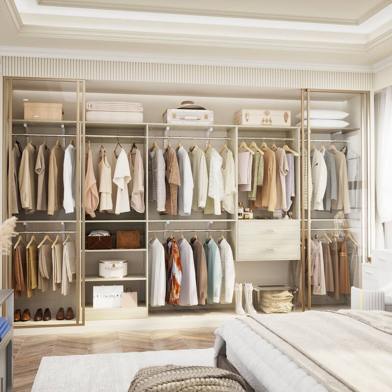 Closet System with 2 Sets, 154'' Walk-in Closet Organizer System with 2 Drawers & 8 Hanging Rods & 6 Reversible Shelf Towers