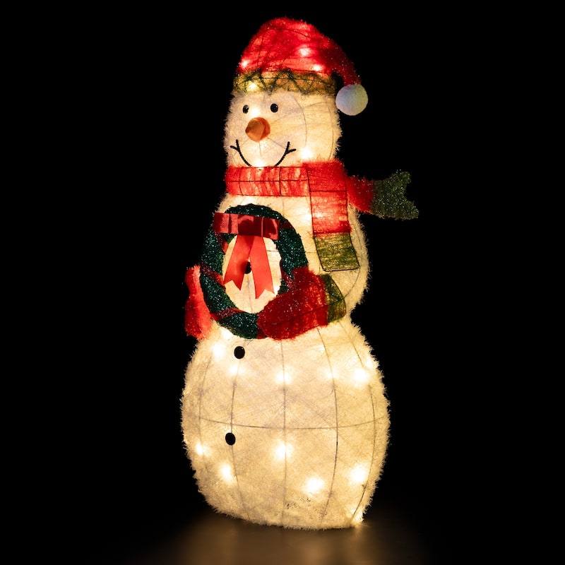 38" Lighted White Red Tinsel Snowman Wreath Outdoor Christmas decor