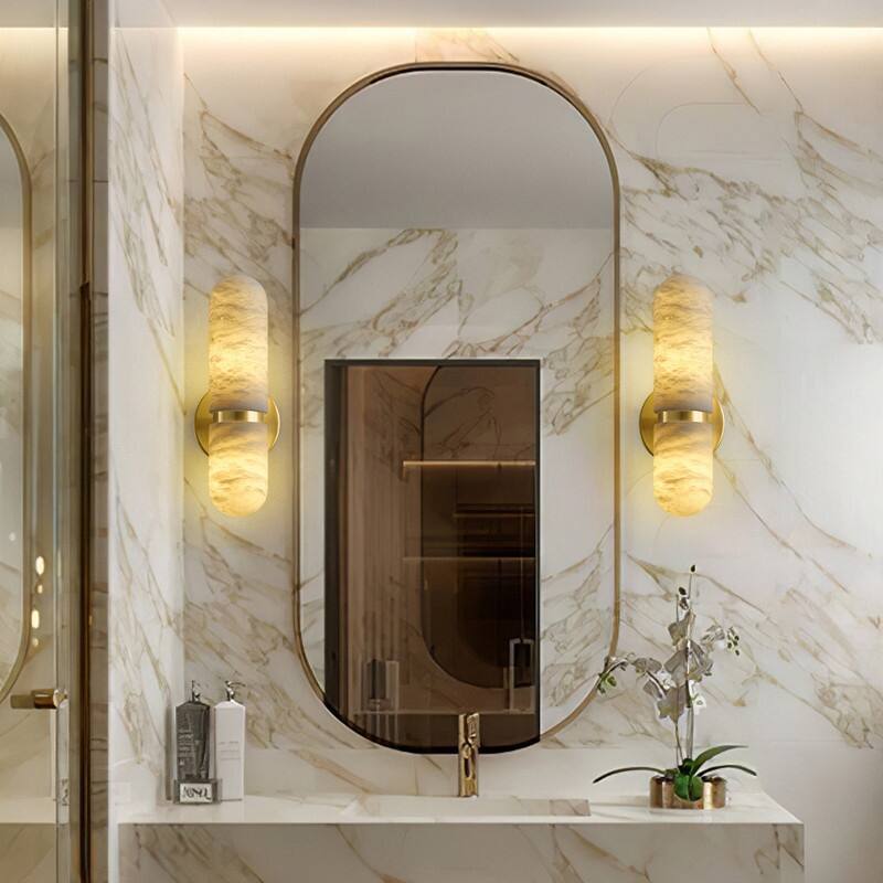 KAYLA 13 in. 2-Light Gold Wall Sconce with Natural Spanish Alabaster Shade