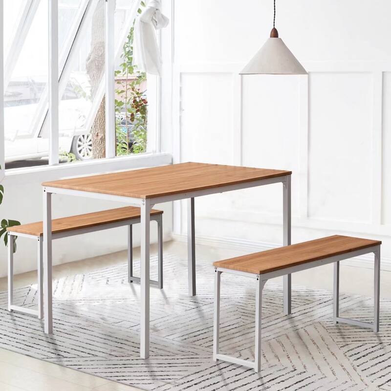 3 Piece Kitchen Table Set with Two Benches Dining Room Table Set 4 - Off-White