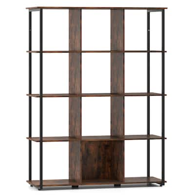 Rustic Brown Metal and Wood 5-Tier Bookshelf 12-Cube Storage Rack with Anti-Tip - 42" L x 16" W x 57" H