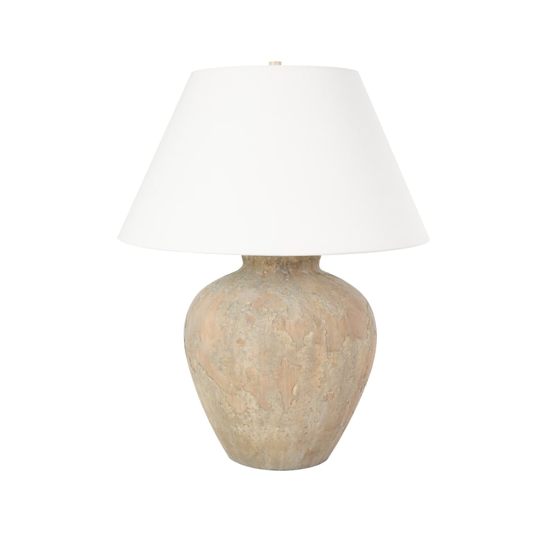 Ceramic Wide Rounded Distressed Antique Table Lamp with Cream Linen Shade - Black or Brown - Roche River Decor
