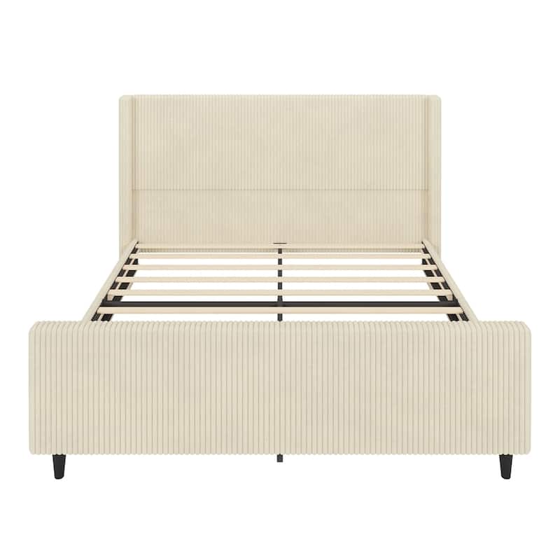 Modern Vertical Stripe Wingback Headboard Corduroy Upholstered Bed Frame
