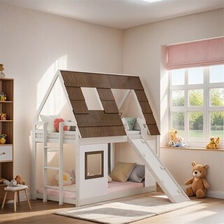 Cozy and Fun Wood Twin Size House Bunk Bed w/Window Roof Shape Design ...