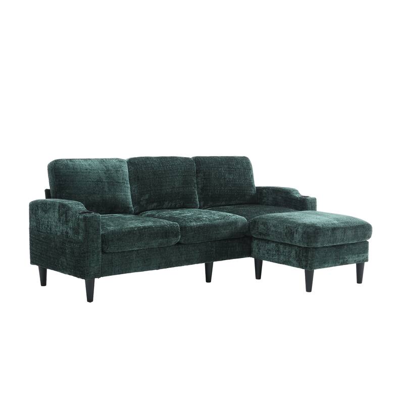 Modular Sectional Sofa with Storage Ottoman, Comfy Chenille Fabric Sofa, 3-Seater Sofa with Side Pockets & 2 Cup Holders