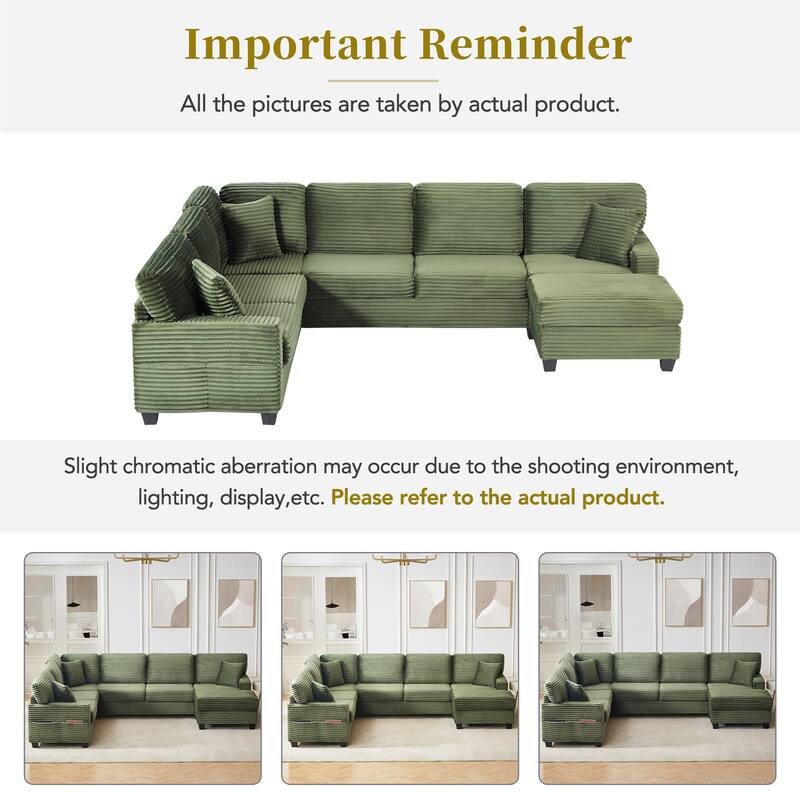 U Shaped Sectional Sofa with 1 Movable Ottoman, Corduroy Upholstered 6 Seater Sofa, Corner Sofa with Storage Pockets