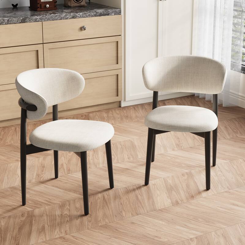 Mid-Century Dining Chair, Solid Wood Legs, Kitchen Chairs with Beige Cotton & Linen Fabric, Fully Assembled