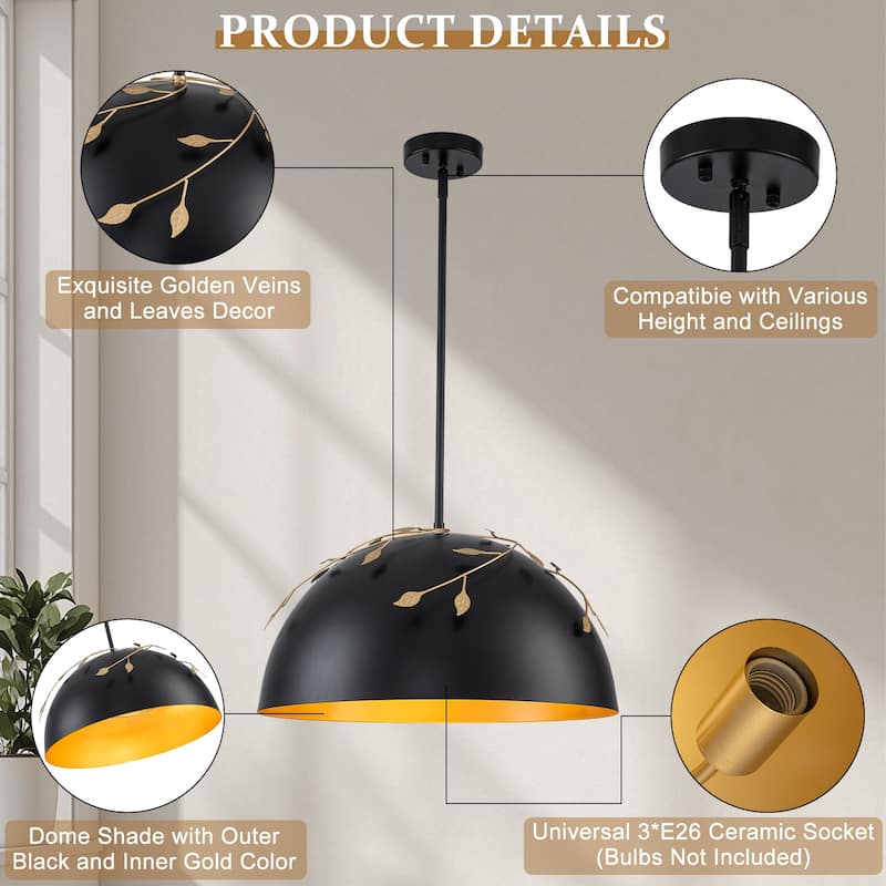 8-Light Matte Black Dome Pendant Light with Gold Interior for Kitchen - Dia.19.69-in