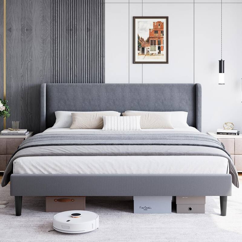Platform Bed Frame with Upholstered Wingback Headboard
