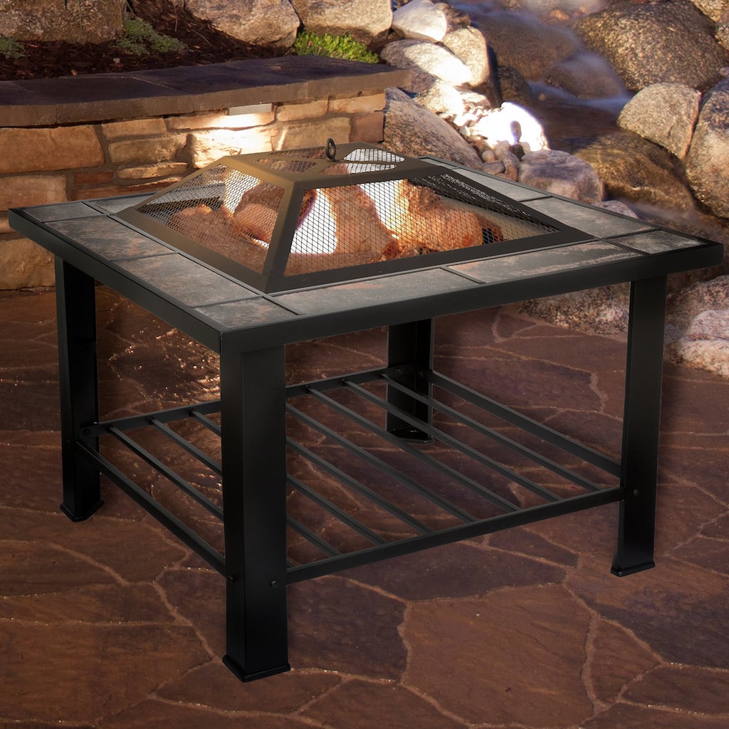 Pure Garden Wood Burning 30-inch Square Marble Tile Fire Pit Set - 30 x 30 x 20