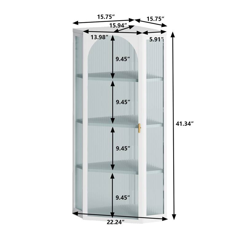 Glass Door Wall Mounted Corner Cabinet with Featuring Four-tier Storage White