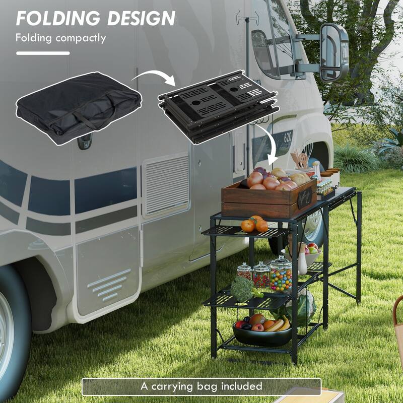 Outsunny Folding Camp Kitchen Table, Portable Camping Cooking Station with Adjustable Lantern Holder, Hanging Hooks
