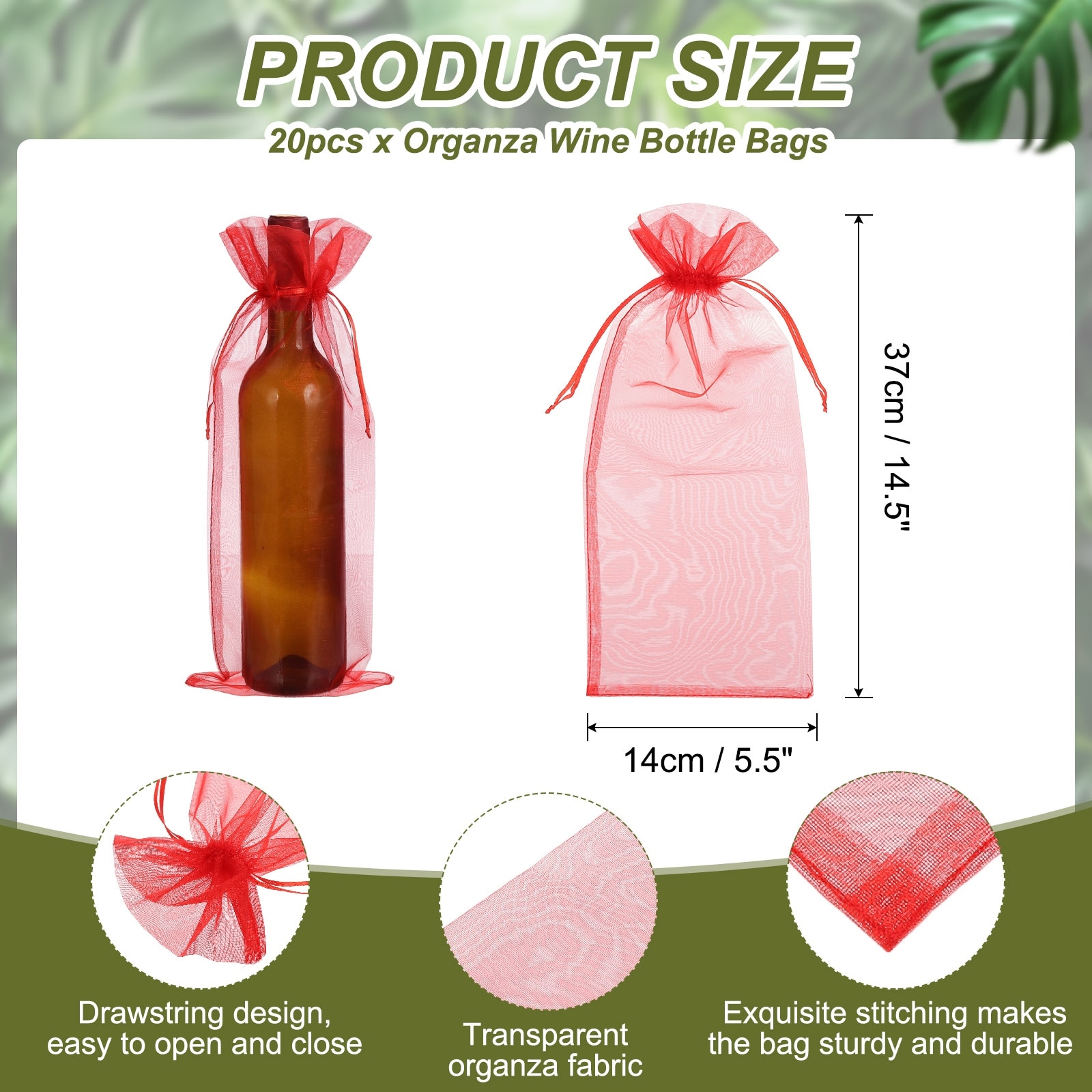 Organza Wine Bags, Drawstring Organza Bottle Gift Bags Sheer Wine Wrapping Bag for Bottle Wrap Birthday - 14.5 x 5.5