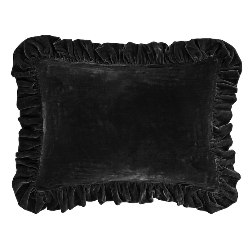 HiEnd Accents Stella Faux Silk Velvet Romantic Western Ruffled Dutch Euro Pillow, 27x39 inch - Black