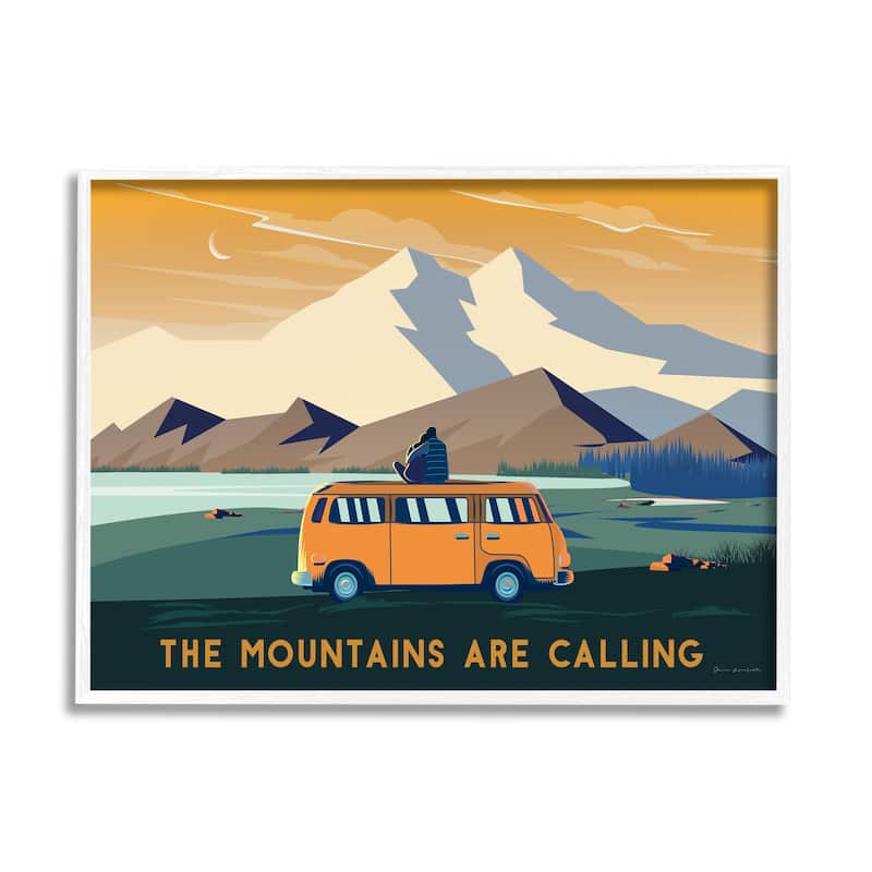 Stupell Mountains Are Calling Bold Orange Van Travel Explore Quote Framed Wall Art - 20 x 16 - White