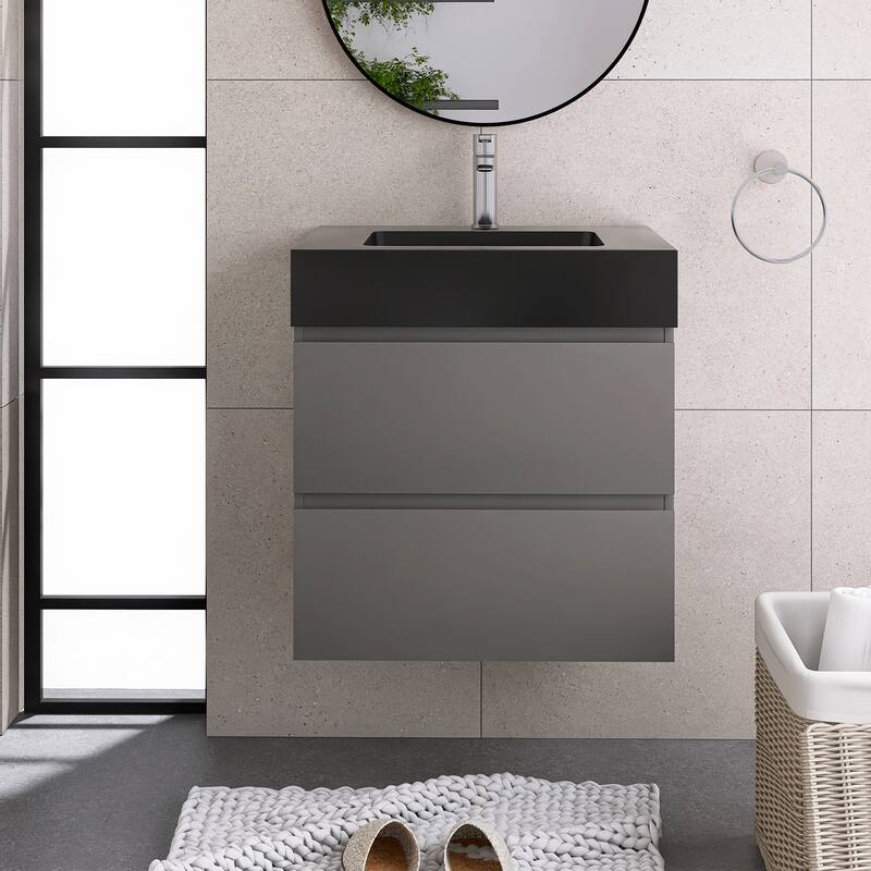 Floating Bathroom Vanity with Black Solid Surface Top - 24'' x 18.1'' x 25.2'' - Gray