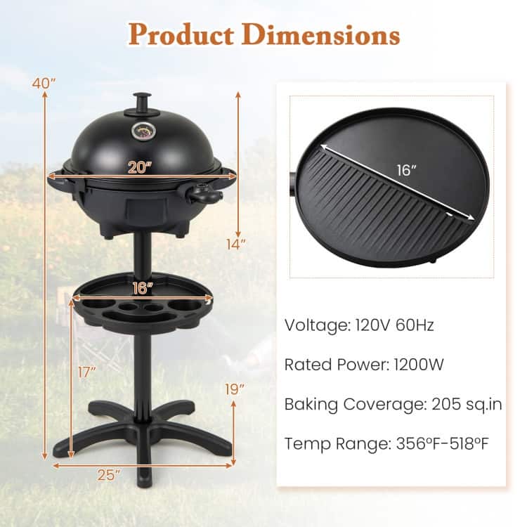 Black Metal Aluminum Electric BBQ Grill with 1200W Power Dual-Zone Cooking, Non-Stick Plate - 25" x 40"