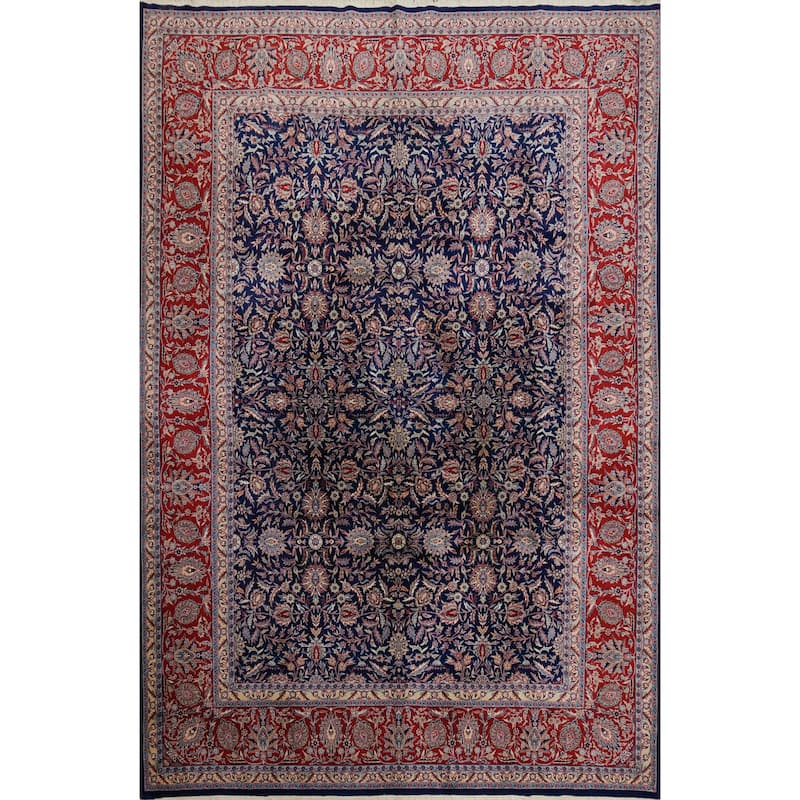 Hand Knotted Oriental 100% Wool Carpet Traditional All-Over Navy Blue & Blues Kashan Area Rug - 12' 2'' X 9' 3''