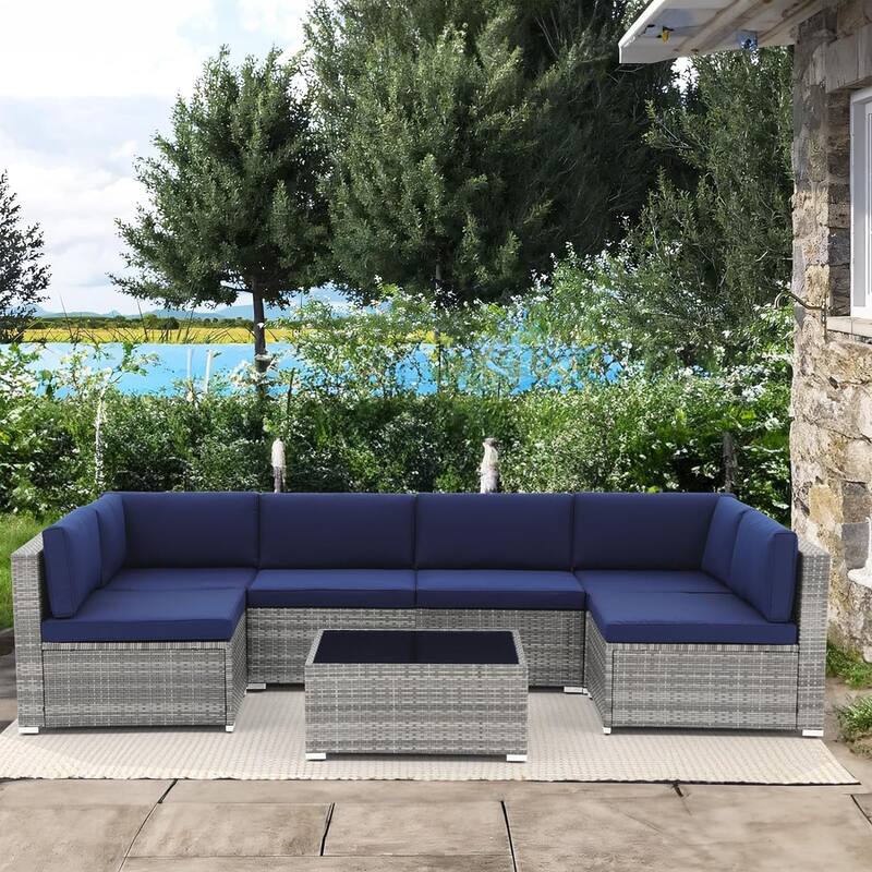 7 Pieces Patio Furniture Set, Outdoor Sectional Conversation Wicker Rattan Sofa Couch with Glass Table and Cushions, 7 PCS, Blue