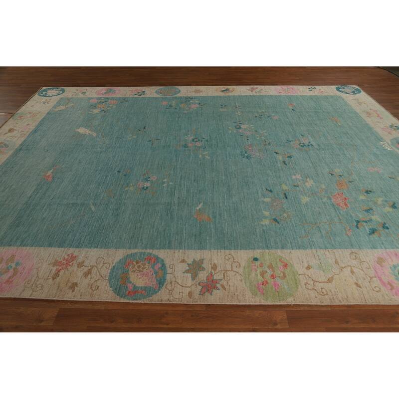 Hand Knotted Oriental 100% Wool Carpet Traditional Floral Navy Blue & Blues Art Deco Area Rug - 11' 10'' X 9' 1''