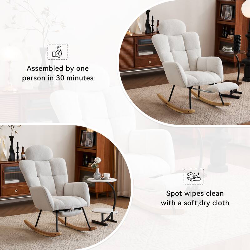 Teddy Fabric Upholstered Nursery Rocking Chair with Pillow & Footrest Modern Accent Armchair Padded Seat with High Backrest