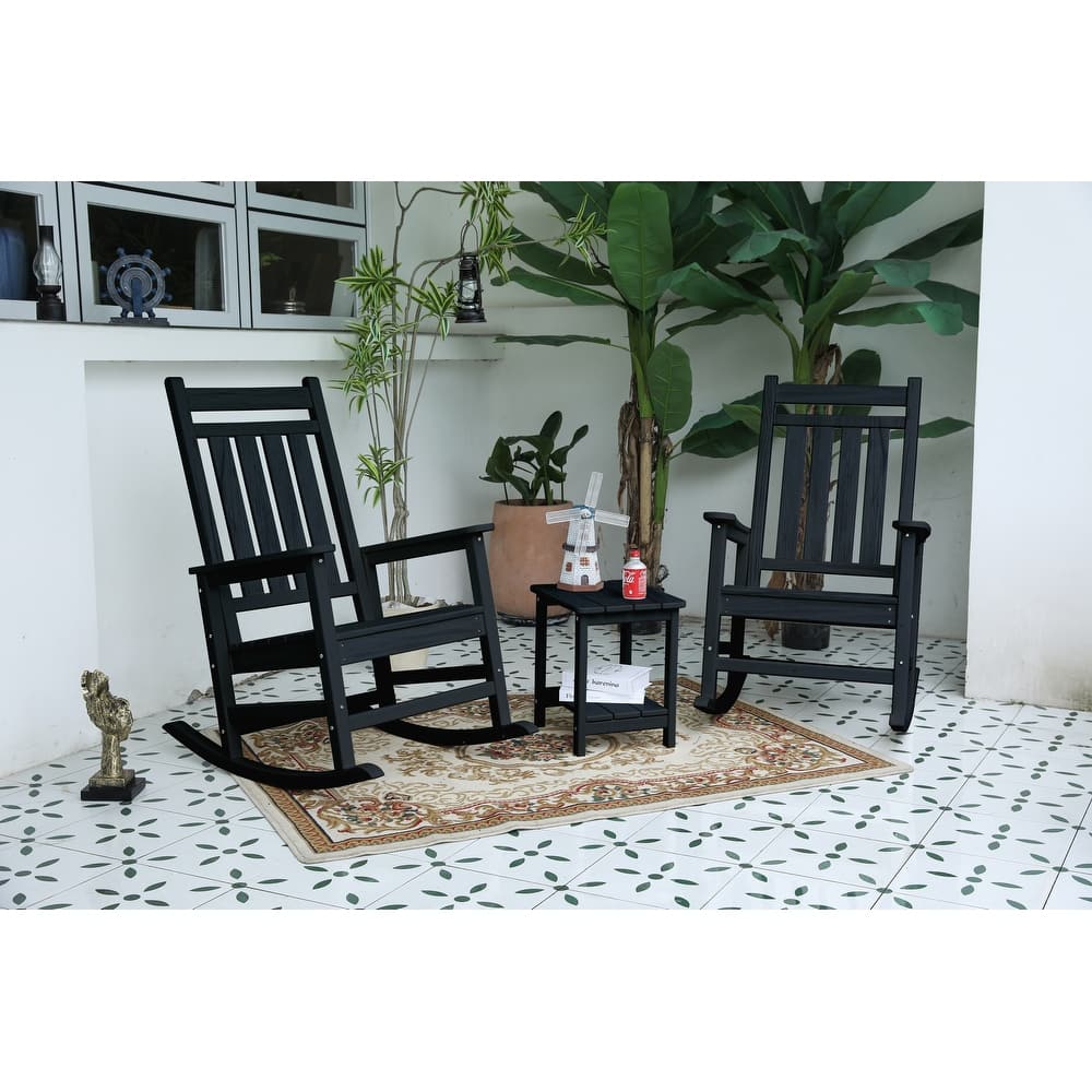 Outdoor Rocking Chair Set with Side Table, 3-Piece Rocking Chair Set with Wood Texture, Black