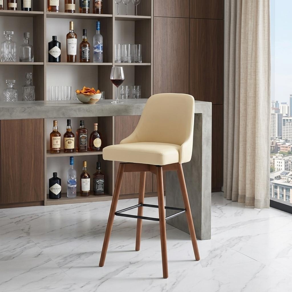 HomeRoots 30" Cream and Wood Brown Faux Leather with Solid Wood Swivel Bar Height Bar Chair