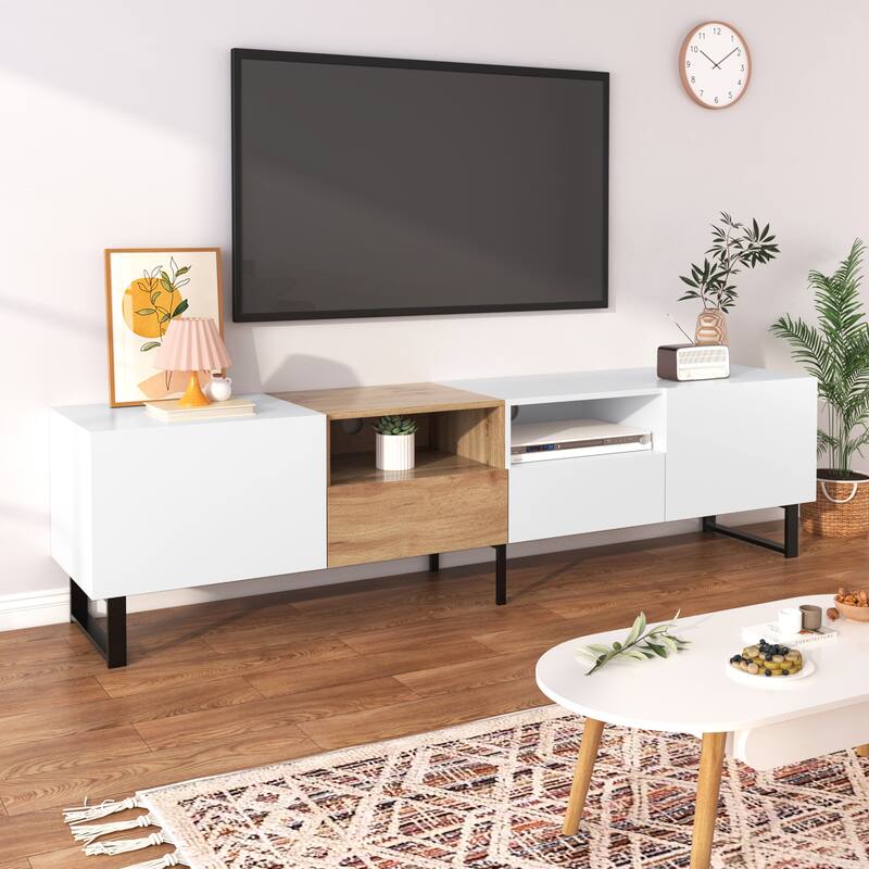 TV Stand with 2 Cabinets and Open Storage Compartment,Media Console Table with Drop Down Door for TVs up to 85" - White