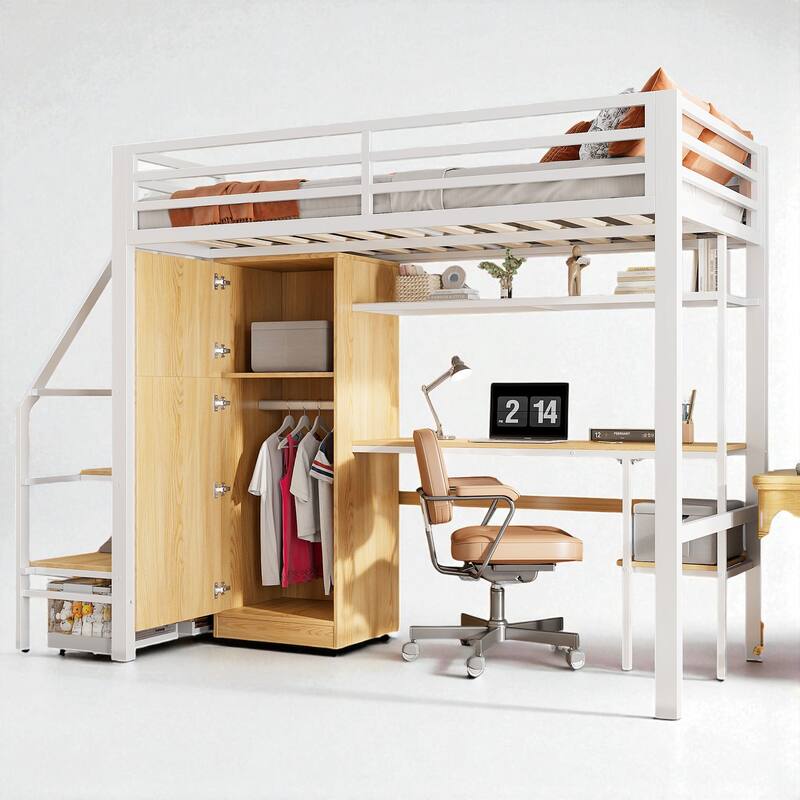 Metal Twin Loft Bed with Desk, Wardrobe, Shelf, and Storage Staircase, No Box Spring Needed