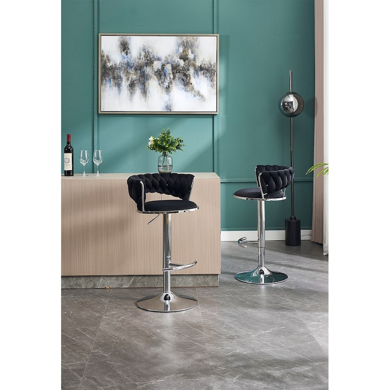 Set of 2 Bar Stools,with Chrome Footrest and Base Swivel, Height Adjustable, Velvet Upholstered + Chrome Leg Simple Bar Stool