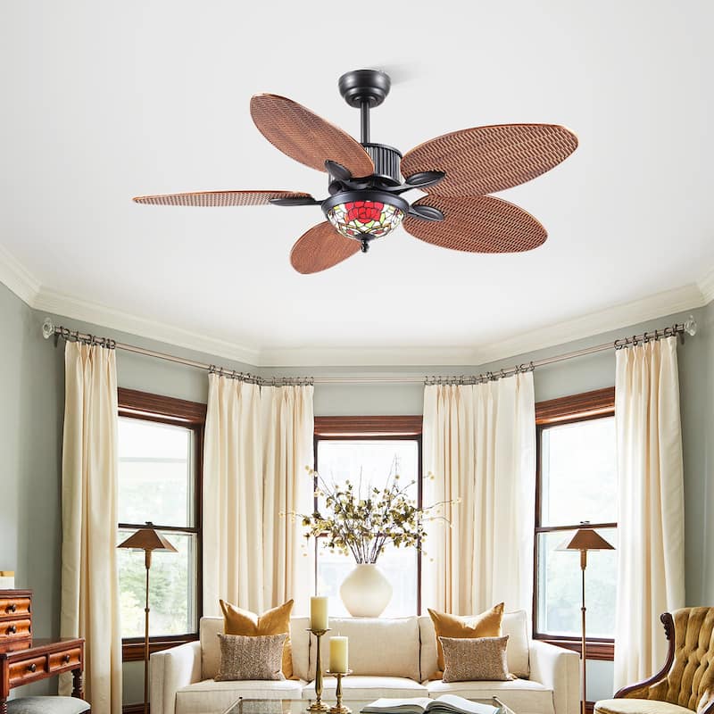 50" TiffanyTropical Ceiling Fan with 5 Palm Leaf Bllades and Vintage Cover Waterproof for Indoor and Outdoor Patio