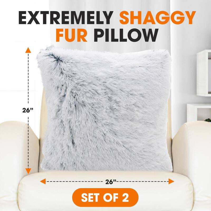 Cheer Collection Super Soft Shaggy Long Hair Throw Pillows Set of 2 Plush Accent Cushions