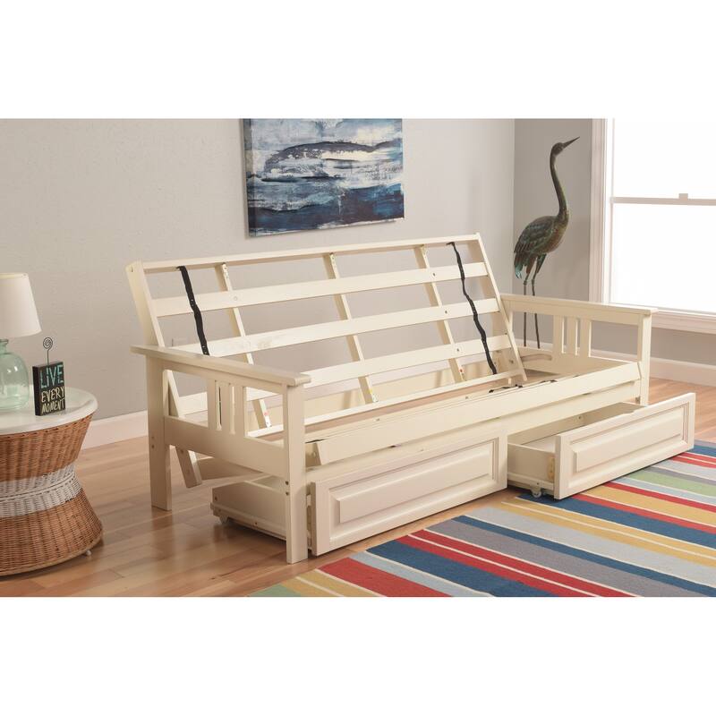 Somette Monterey Storage Full-size Futon Set in Antique White Finish with Twill Gray Mattress