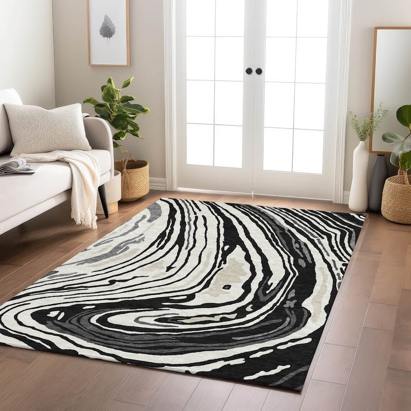 Machine Washable Indoor/ Outdoor Abstract Brushstrokes Chantille Rug