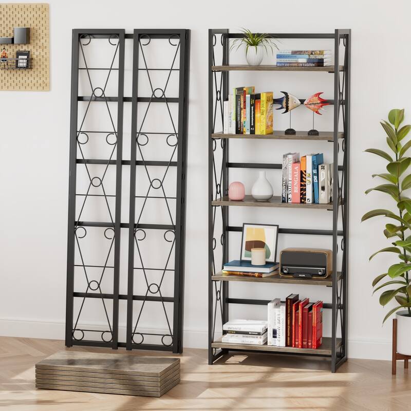 VECELO 62" Foldable 5-Tier Bookshelf Space Saving Tall Open Bookcase with MDF Shelves for Living Room Home Office Kitchen