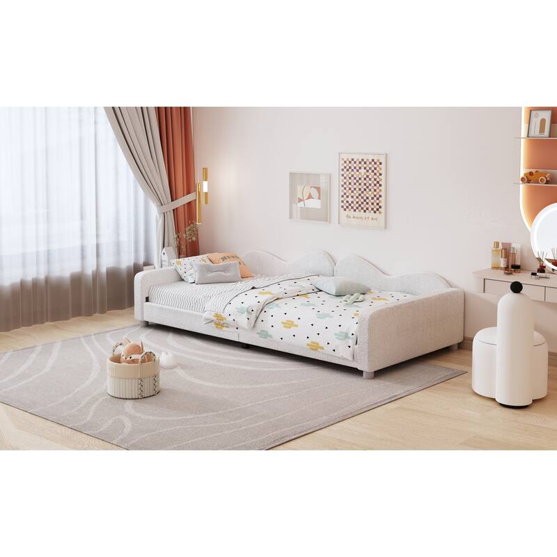 White Twin Size Sherpa Fabric Upholstered Daybed with Cloud Backrest