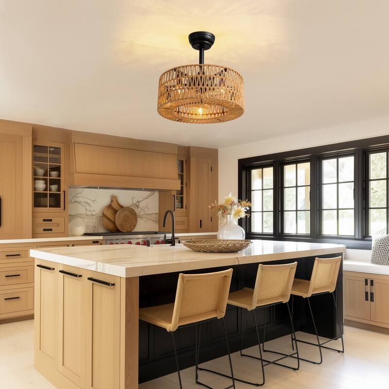 18 in. Boho Caged Ceiling Fan with Light Rattan Farmhouse Fandelier Low Profile Ceiling Fan for Bedroom Kitchen Living Room